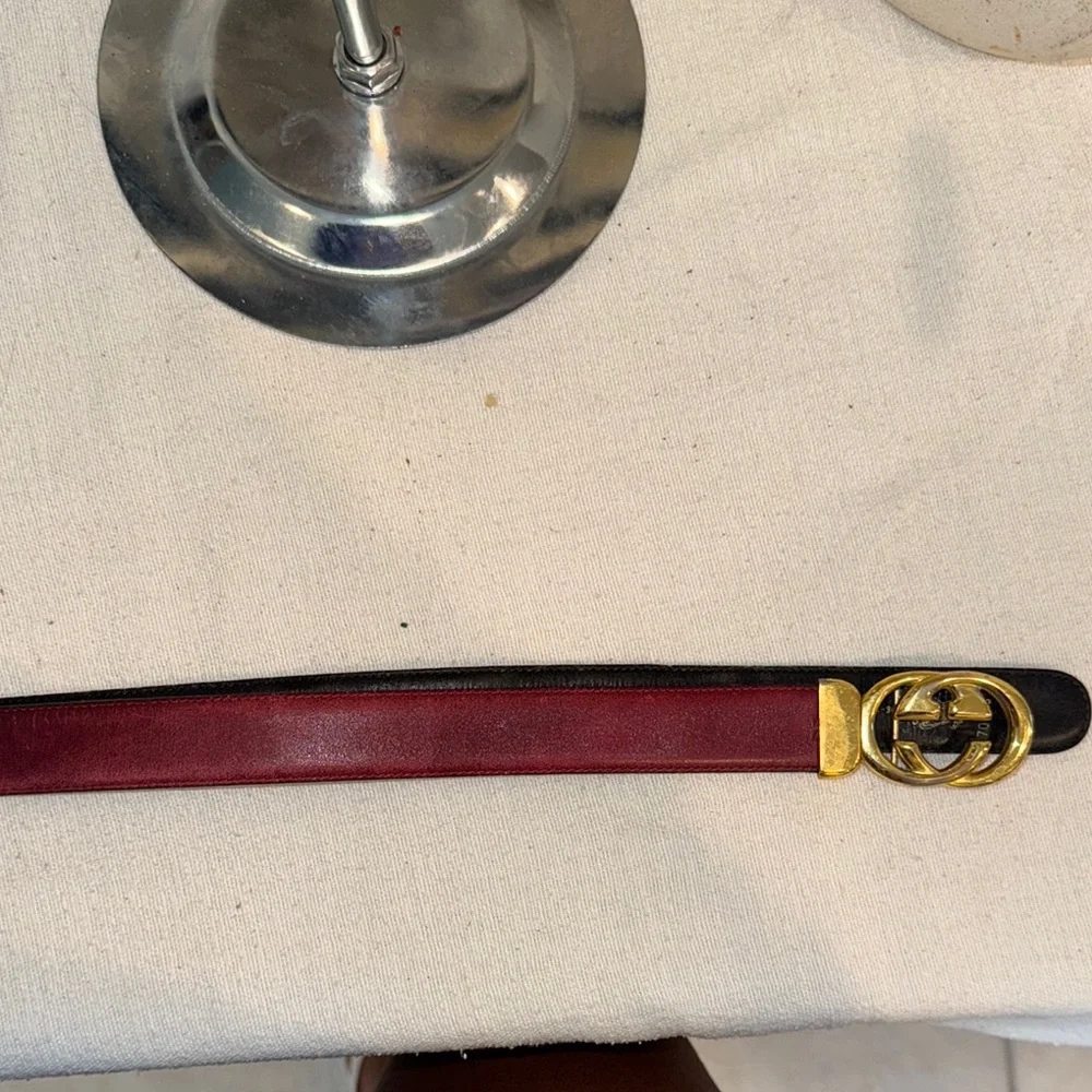 Authentic Gucci Burgundy Leather Belt with Gold Buckle